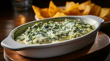 Photo of Spinach and Artichoke Dip as a dish in a high-end restaurant. Generative AI