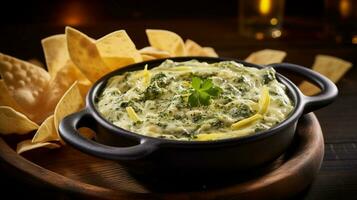 Photo of Spinach and Artichoke Dip as a dish in a high-end restaurant. Generative AI