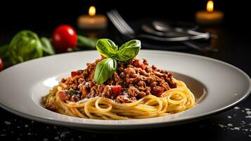 Photo of Spaghetti Bolognese as a dish in a high-end restaurant. Generative AI