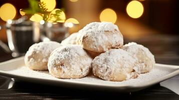 Photo of Snowball Cookies as a dish in a high-end restaurant. Generative AI