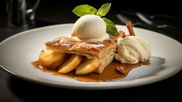 foto de manzana tarta como un plato en un gama alta restaurante. generativo ai