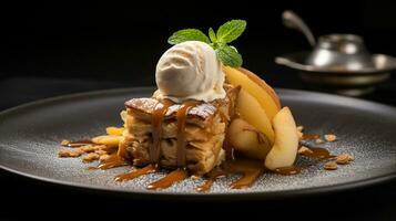 Photo of Apple Pie as a dish in a high-end restaurant. Generative AI