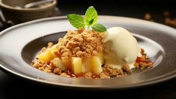 Photo of Apple Crumble as a dish in a high-end restaurant. Generative AI