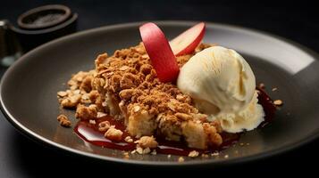 Photo of Apple Crumble as a dish in a high-end restaurant. Generative AI