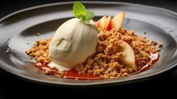 Photo of Apple Crumble as a dish in a high-end restaurant. Generative AI