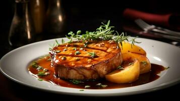 Photo of Apple Cider Glazed Pork Chops as a dish in a high-end restaurant. Generative AI