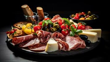 foto de antipasto plato como un plato en un gama alta restaurante. generativo ai