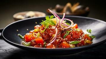 Photo of Ahi Poke as a dish in a high-end restaurant. Generative AI