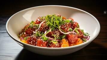 Photo of Ahi Poke as a dish in a high-end restaurant. Generative AI