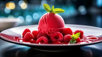 Photo of Raspberry Sorbet as a dish in a high-end restaurant. Generative AI