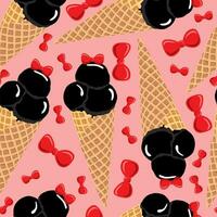 Seamless vector pattern with black ice cream and red candy ribbons.