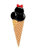 Goth black charcoal ice cream in cone with red ribbon candy. Vector ice cream illustration.