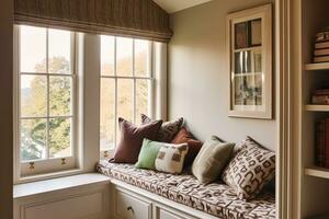 Window seat, interior design and comfort at home, reading nook with bookshelves and cushions, home decor in a country house, English cottage style, generative ai photo