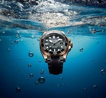 Waterproof luxury mens watch underwater in the ocean or sea commercial concept, bespoke water resistant design, generative ai photo