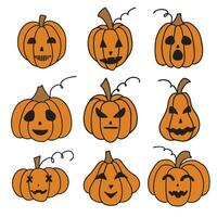 Set of cute pumpkins of different shapes with faces isolated on white. Hand drawn simple doodle clipart in a trendy style. Halloween theme. For menu, logo, banner, cards, pattern. Vector illustration