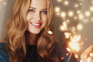 Holiday magic, Christmas and New Year celebration, happy woman with sparklers photo