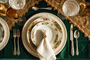 Elegant dinner table setting arrangement in English country style as flatlay tablescape, folded napkin on a serving plate, tableware and holiday table decor, generative ai photo