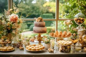 Autumnal dessert buffet table, event food catering for wedding, party and holiday celebration, cakes, sweets and desserts in autumn garden, generative ai photo