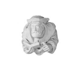 Ancient cleric statue on the facade isolated PNG photo with transparent background.