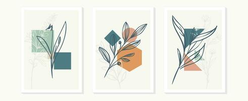 Botanical wall art vector set. Minimal and natural wall art. Foliage line art drawing with abstract shape. Abstract Plant Art design for print, cover, wallpaper, Vector illustration.