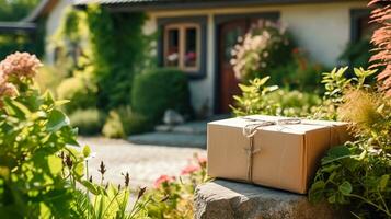 Postal service, home delivery and online shopping, parcel box on a house doorstep in the countryside, generative ai photo