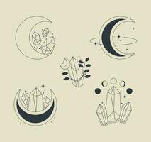 Line art healing crystal and moon concept set of esoteric elements vector