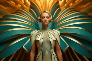 Futurism. Blonde with short haircut, blue-eyed, white-skinned beautiful girl model in art deco style. Silver dress. Avant-garde couture style. High-fashion. Poster, cover, magazine, AI generated photo