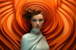 Futurism. Red-haired, blue-eyed, white-skinned girl model in art deco style. White dress, orange background. Avant-garde couture style. High-fashion. Poster, cover, magazine, banner, AI generated photo