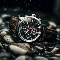 Waterproof luxury mens watch on the stone under the rain, commercial concept, bespoke water resistant design, generative ai photo