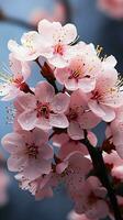 pastel rosado Cereza flores floración en un primavera brisa. vertical móvil fondo de pantalla ai generado foto