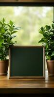 Green houseplant complements blank wood sign on rustic table, white backdrop Vertical Mobile Wallpaper AI Generated photo