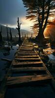 Desolate wooden pier, forgotten in countryside, extends over the calm river Vertical Mobile Wallpaper AI Generated photo