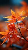 Fiery red and yellow leaves fall gently in an autumn breeze. Vertical Mobile Wallpaper AI Generated photo