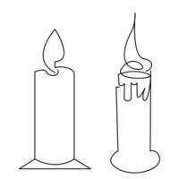 One continuous line drawing of candle lighted and Burning fire and melting candle Light in the dark black outline Vector illustration design