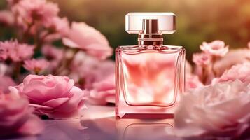 Luxurious floral scent, fragrance bottle and pink flowers, perfume commercial in flower garden, bespoke perfumery and beauty product sale, generative ai photo