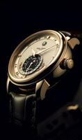 Luxury mens watch commercial concept, bespoke gold design on dark background, generative ai photo