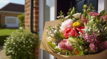 Flower shop delivery and holiday gift postal service, beautiful bouquet of flowers on a house doorstep in the countryside, generative ai photo