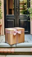 Elegant gift shop delivery, postal service and luxury online shopping, parcel box with a bow on a house doorstep in the countryside, generative ai photo