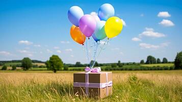 postal servicio, tienda entrega y en línea compras, volador globos que lleva un paquete o empaquetar caja en el campo en un soleado día, generativo ai foto