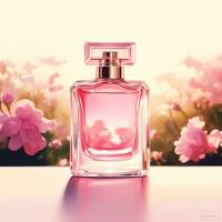 lujoso floral aroma, fragancia botella y rosado flores, perfume comercial en flor jardín, hecho a la medida perfumería y belleza producto venta, generativo ai foto