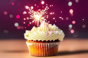 Cupcake for birthday party celebrate. Festive background with cake. AI Generated photo