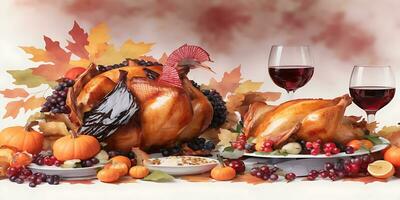 acuarela acción de gracias cena con Turquía generado por ai foto