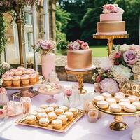 Boda buffet mesa, evento postre comida abastecimiento para boda, fiesta y fiesta celebracion, pasteles, dulces y postres en un país jardín, generativo ai foto