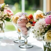 hielo crema postres buffet mesa, evento comida abastecimiento para boda, fiesta y fiesta celebracion, hielo cremas y flores decoración en un floral campo jardín, generativo ai foto