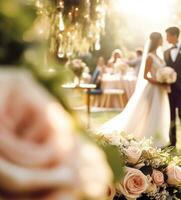 Wedding ceremony and celebration, bride and groom at a beautiful outdoor venue on a sunny day, luxury wedding decor with flowers and bridal bouquet, generative ai photo