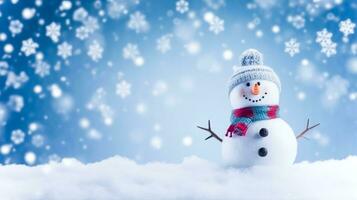 Funny snowman on Christmas holiday winter background, Merry Christmas and Happy Holidays wishes, generative ai photo