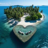 Heart-shaped island in the ocean aerial view photo