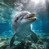 Dolphing swimming in blue ocean photo