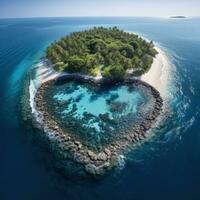 Heart-shaped island in the ocean aerial view photo