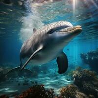 Dolphing swimming in blue ocean photo